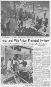 Newspaper article, tile "Food and Milk Arrive, Protected by Guns"
