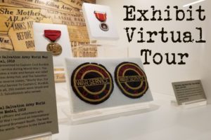 Artifacts in exhibit case, text Exhibit Virtual Tour