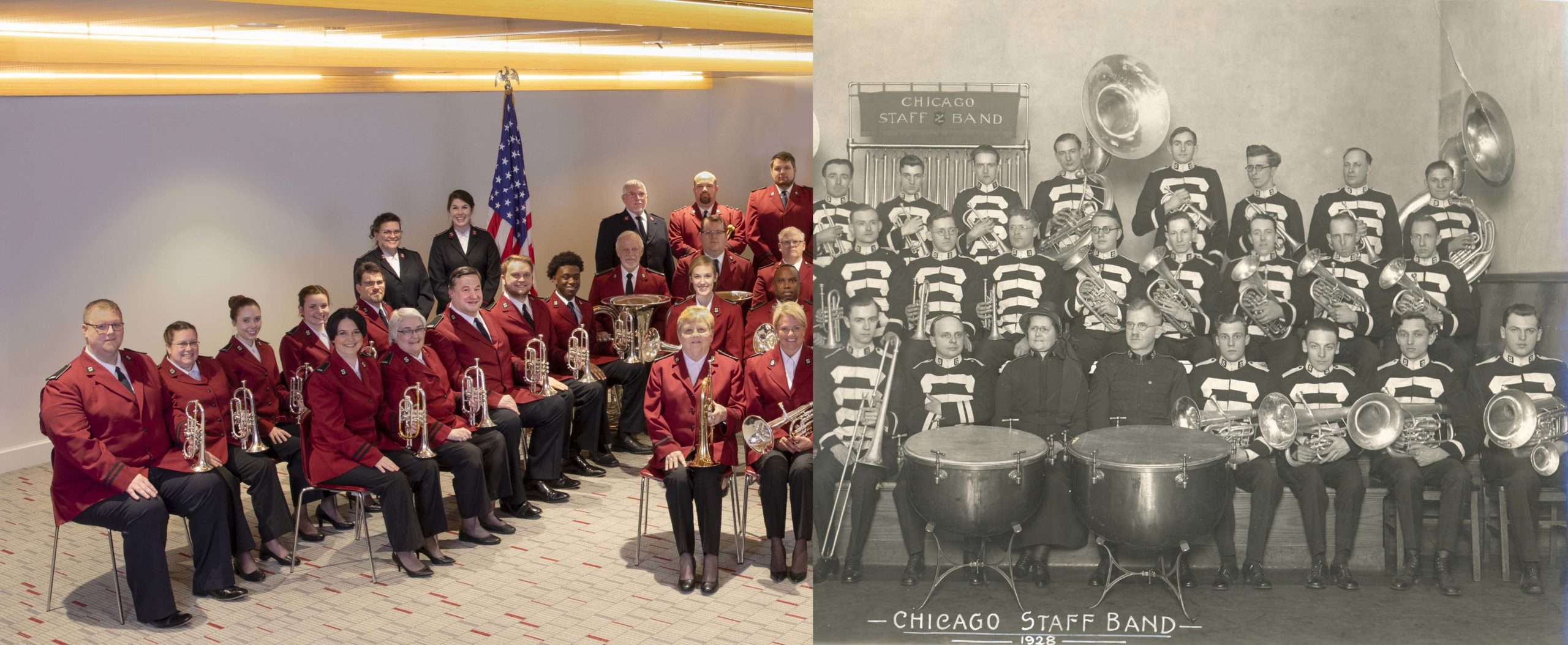 Split screen photo. Image on left shows the 2020 Chicago Staff Band membership. This includes men, women, white and Black musicians. The image on the right shows the 1928 Chicago Staff Band. All of the musicians are white men.