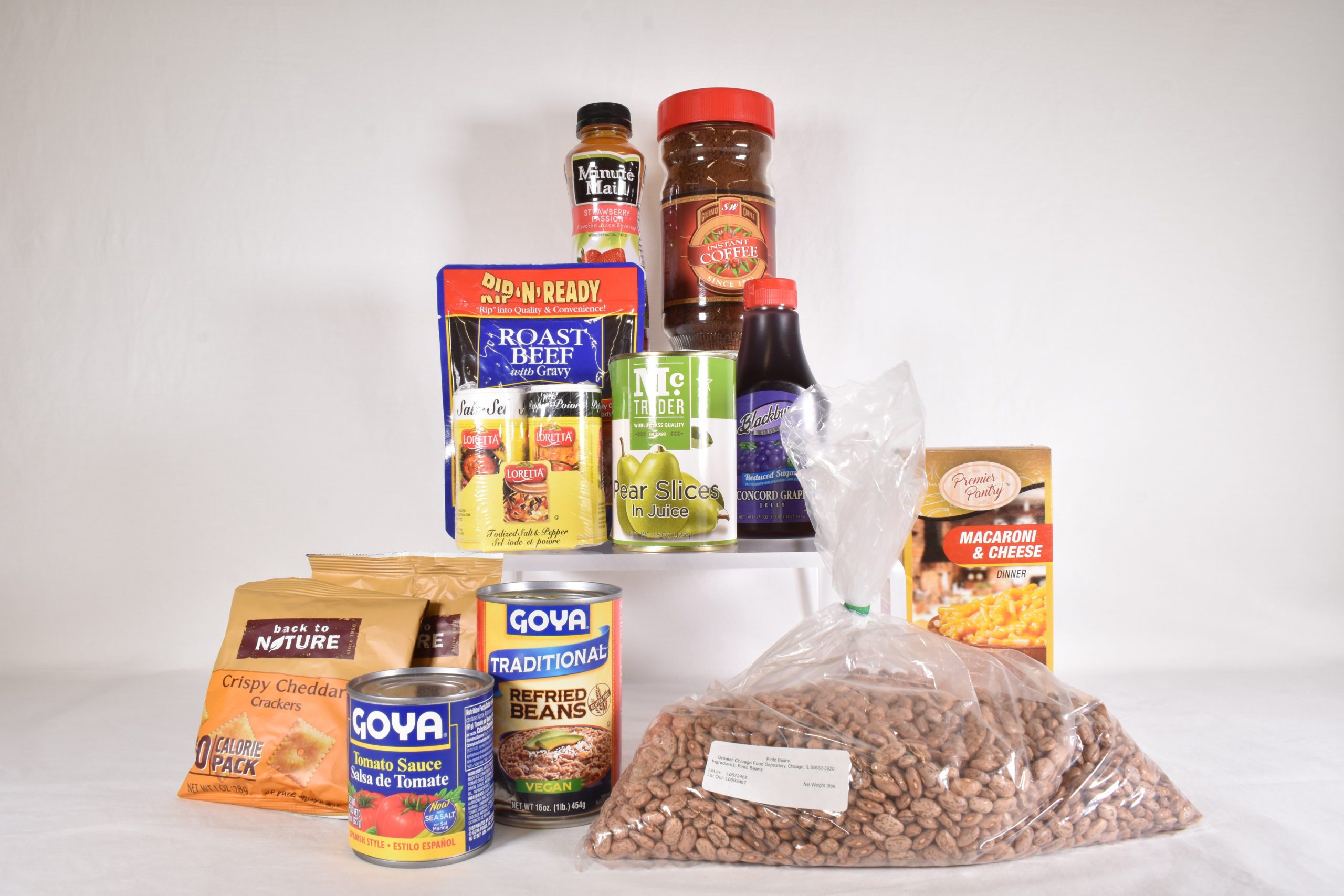 An assortment of shelf stable food items that were distributed to those in need in a Salvation Army food box