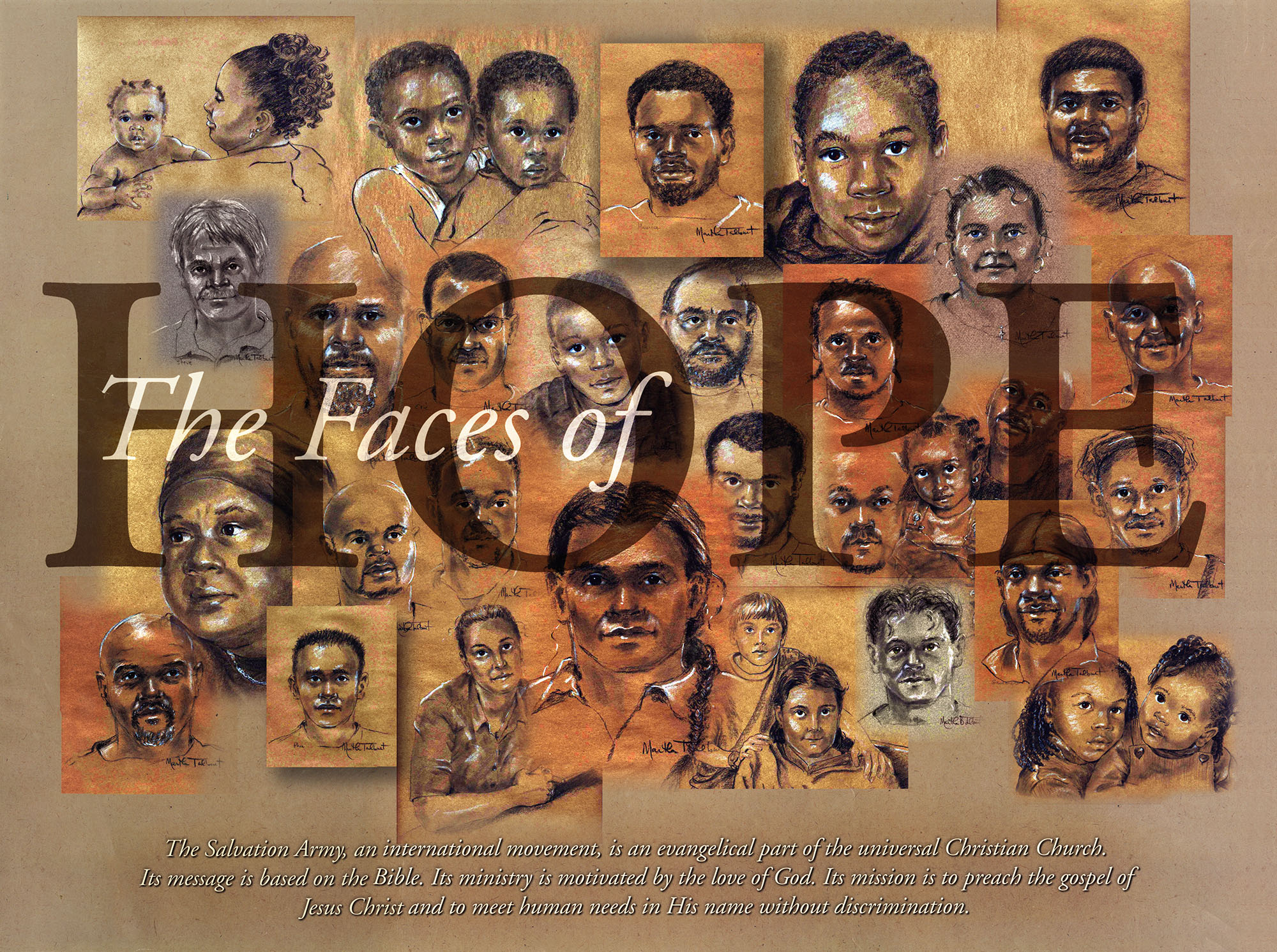 A brown toned poster featuring a couple dozen portraits of people in the local community drawn by an artist in chalk pastels. "The Faces of Hope" is superimposed on top of the portraits.