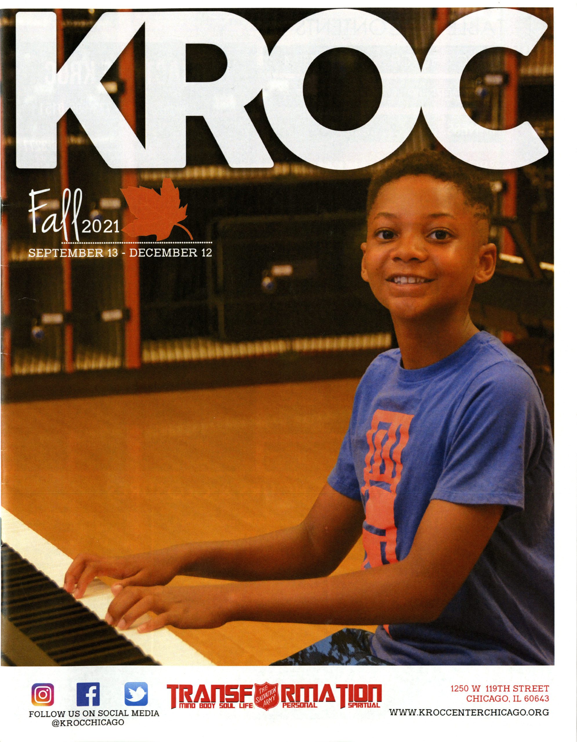 Cover of a periodical featuring a photo of an African American boy playing a piano. Title is Kroc.