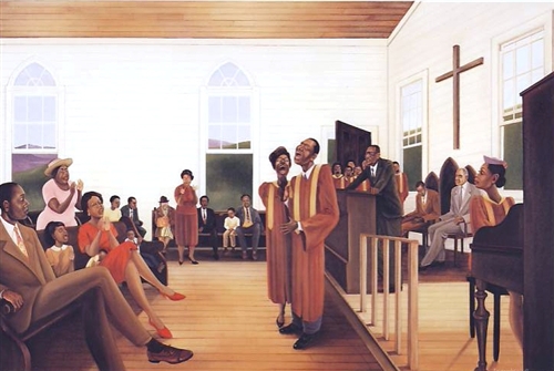 An art print which shows a scene inside a Black church.