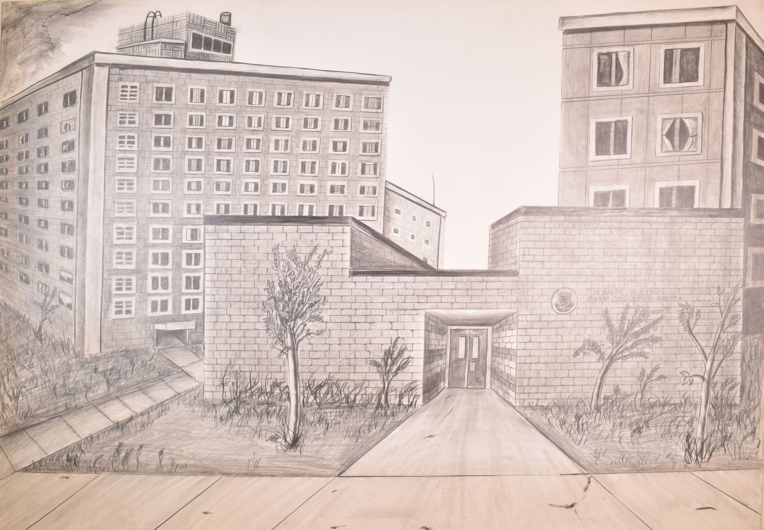 A pencil drawing depicting the brick single story Chicago (Midwest), IL corps building at center and two public housing project buildings in the background.